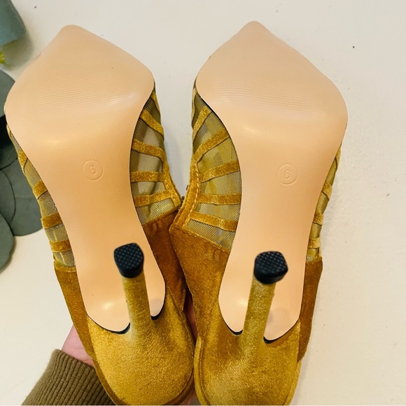 Faux Velvet Mustard Rhinestone Crystal Arch Heels Mules - Picture 7 of 10